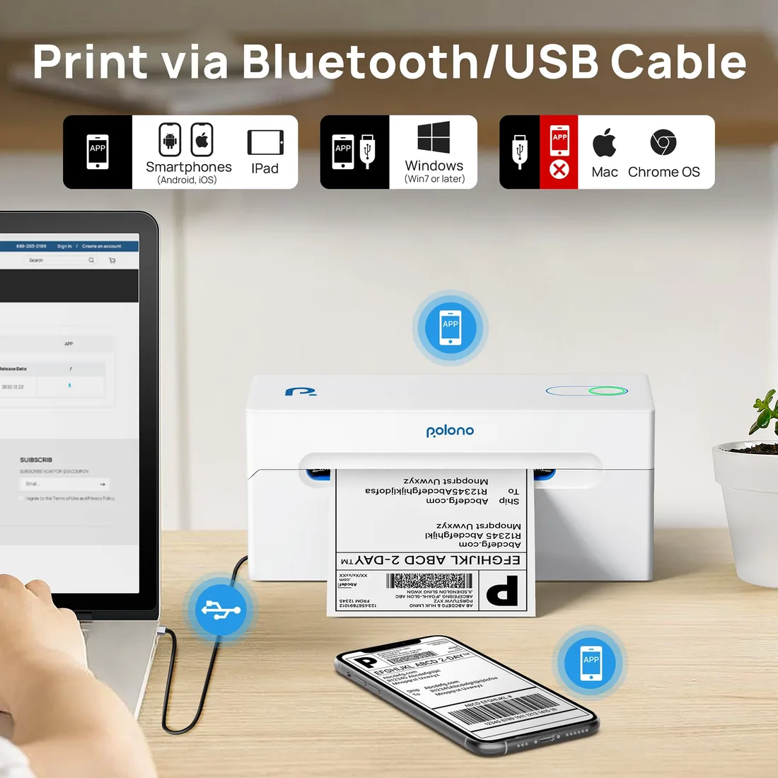 PL70E Bluetooth Shipping Label Printer: 203 dpi monochrome thermal output